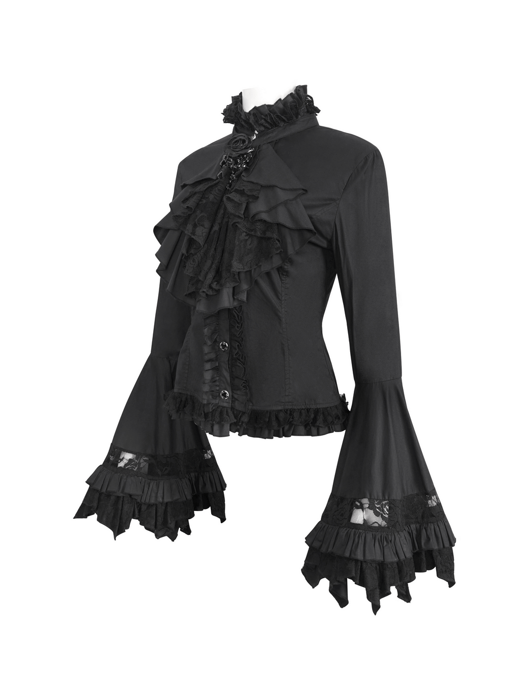Vintage black women's blouse with long bell sleeves and ruffles, perfect for a gothic elegant look.