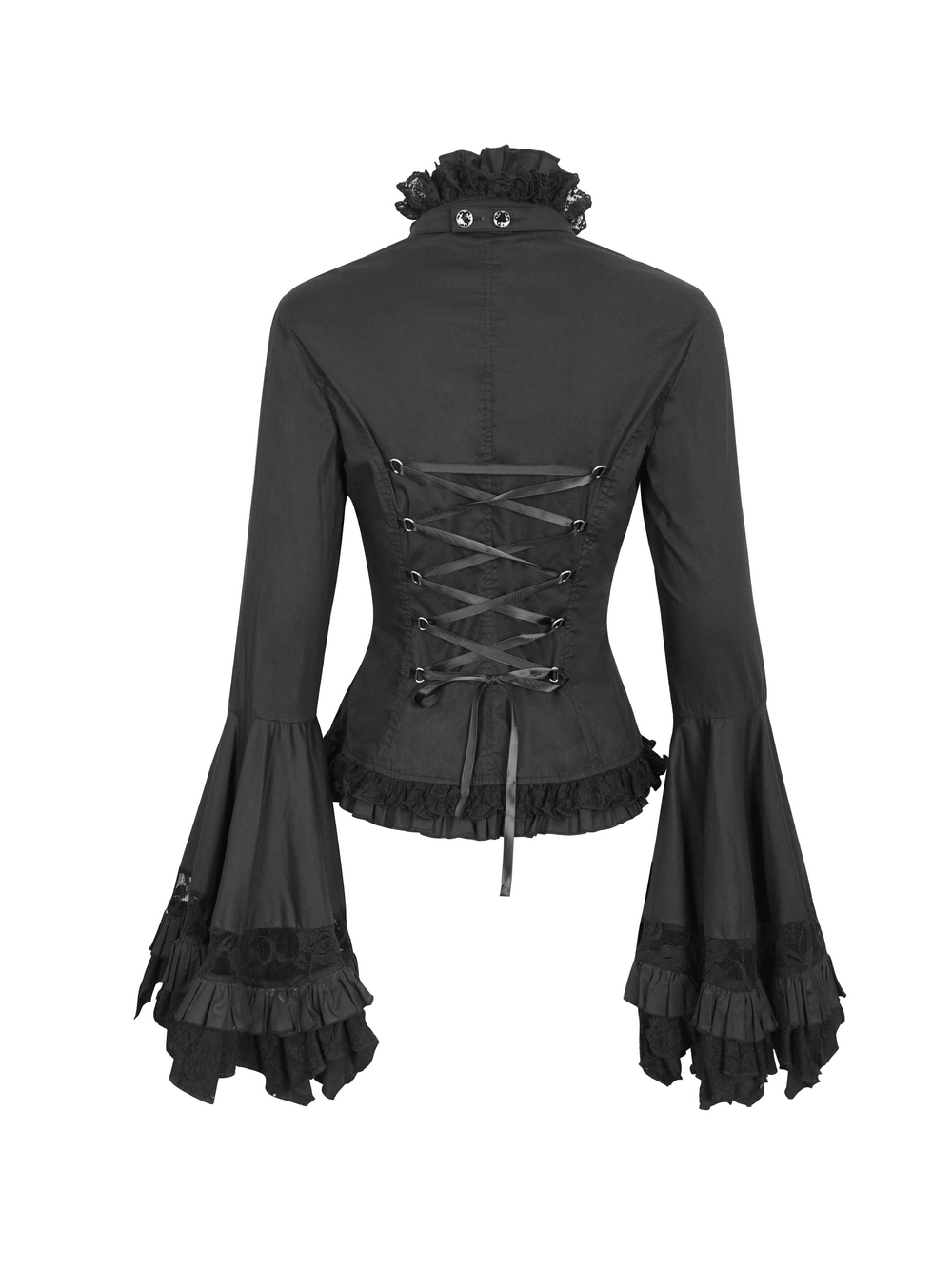 Back view of a vintage women's black blouse with bell sleeves, lace-up detail, and ruffled accents in gothic style.