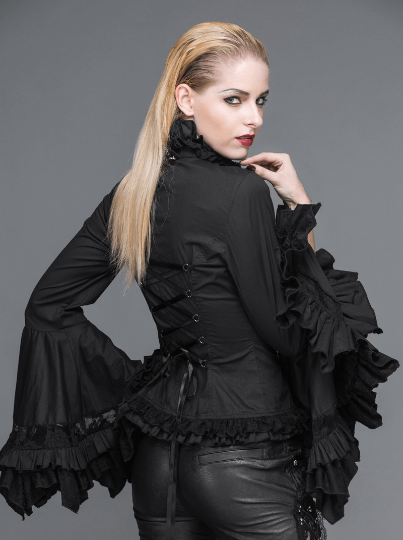 Vintage women's gothic black blouse with long bell sleeves and elegant ruffles, showcasing a chic stand-up collar.