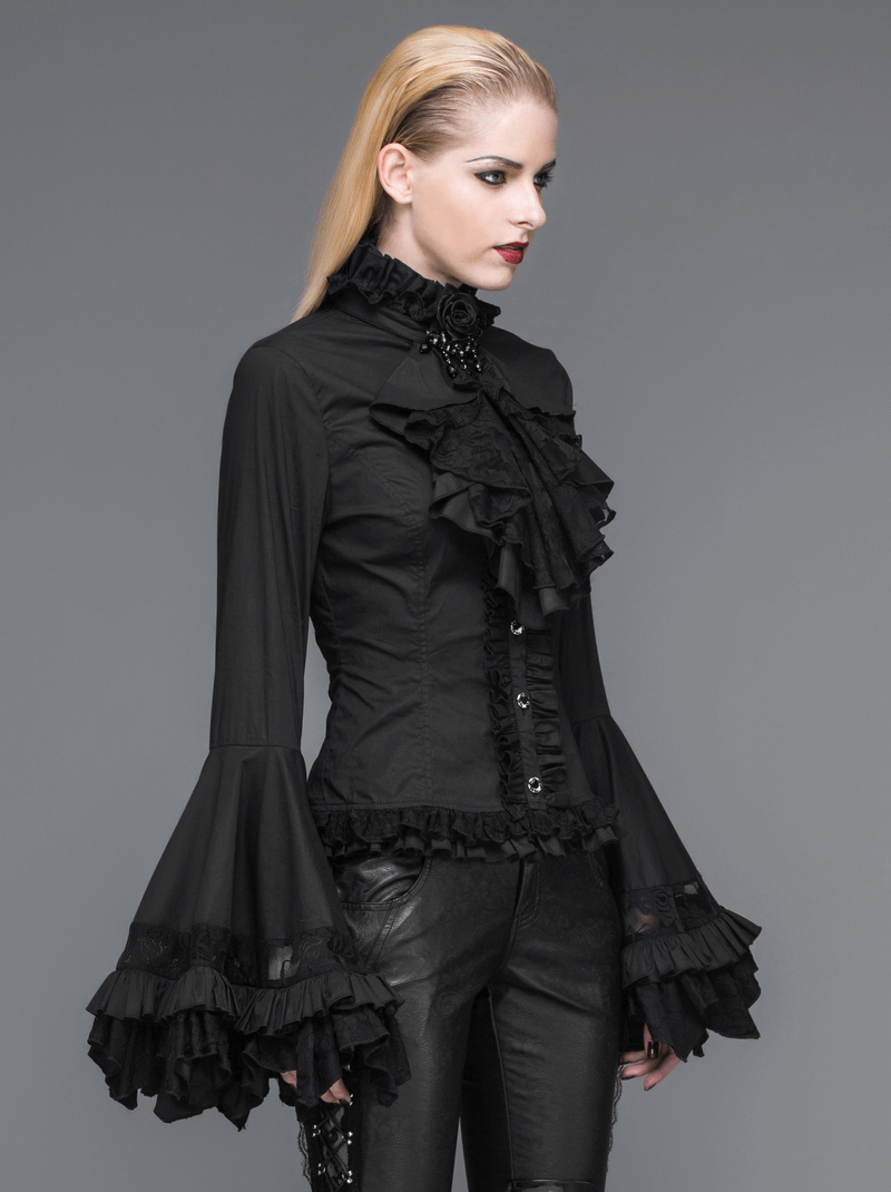 Elegant vintage women's gothic blouse with long bell sleeves, ruffles, and black stand-up collar, perfect for a unique fashion statement.