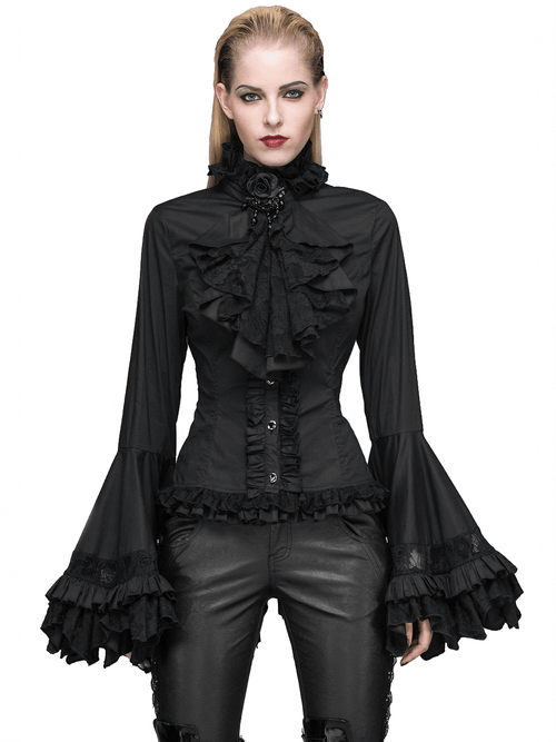 Vintage Women's Long Bell Sleeve Blouse / Gothic Ladies Black Stand Up Collar & Bow-Tie Blouses