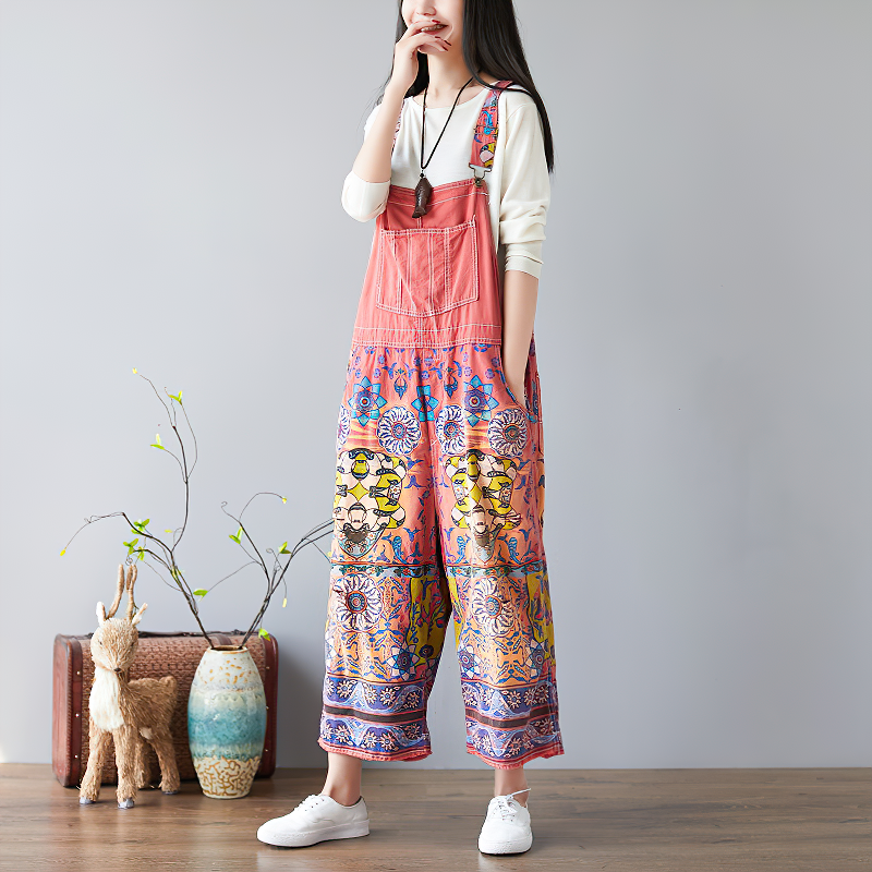 Vintage women's wide-leg floral print pants in pink, perfect for a stylish hippie look and featuring colorful psychedelic designs.