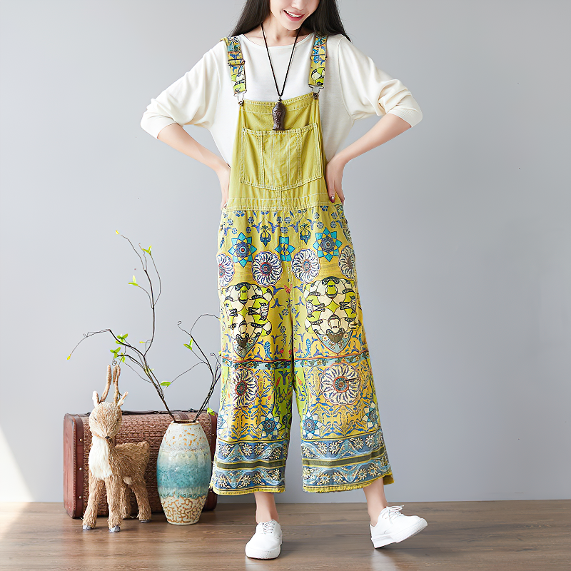 Vintage women's wide-leg pants in vibrant yellow with floral prints, perfect for a stylish look.