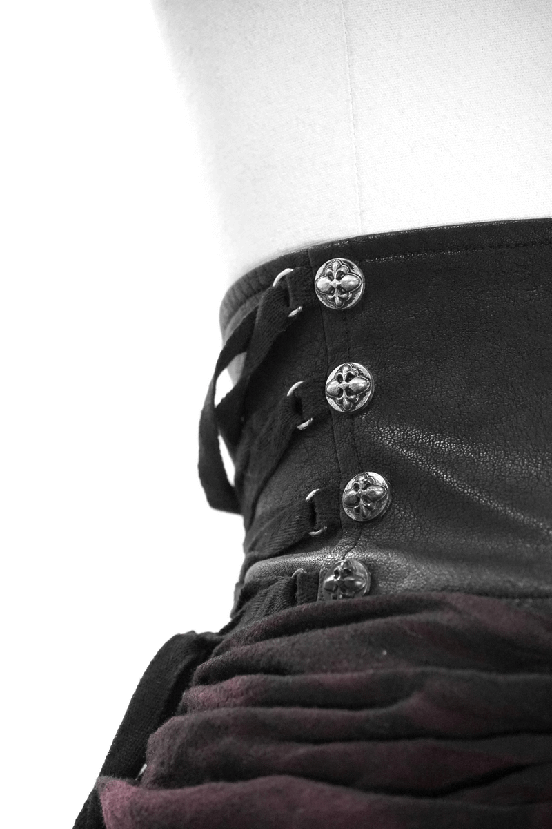 Close-up of vintage multi-layered ruched skirt gown showcasing stylish buttons and lace detail in punk fashion.