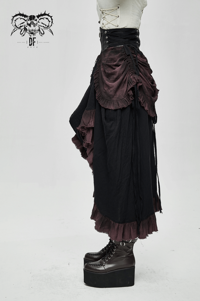 Vintage multi-layered punk skirt gown in black and purple with ruffles, high waist design, and stylish lace-up details.