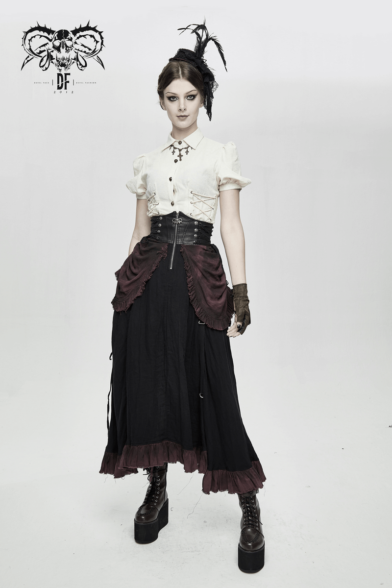 Model showcasing a vintage multi-layered punk skirt gown, emphasizing high waist and stylish details.