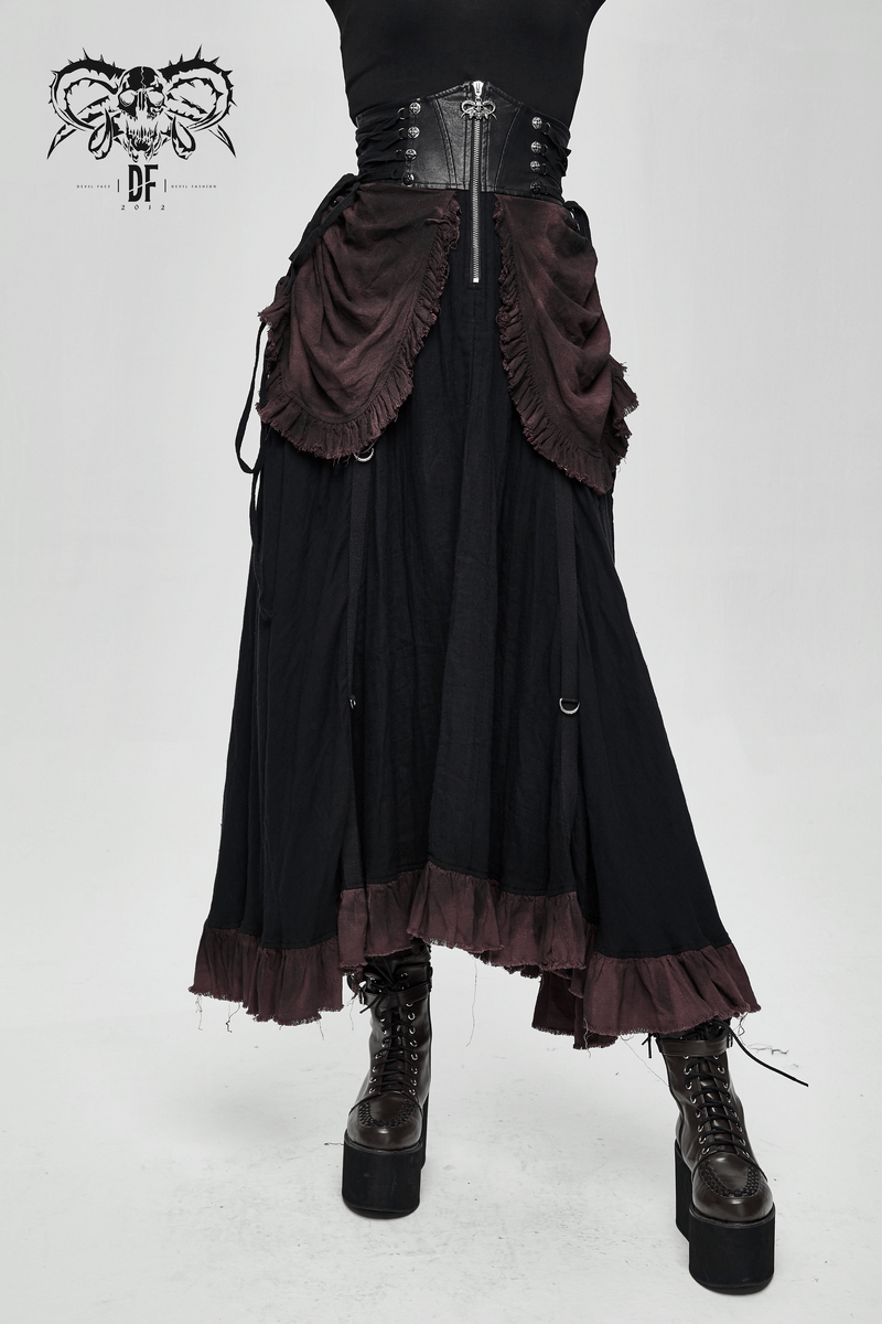 Vintage multi-layered punk skirt with ruched detailing and high waist fit, paired with stylish combat boots.