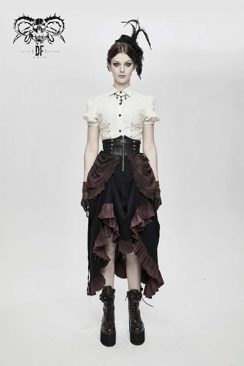 Vintage women's punk style layered skirt gown with high waist and ruffled hem, paired with a stylish blouse.