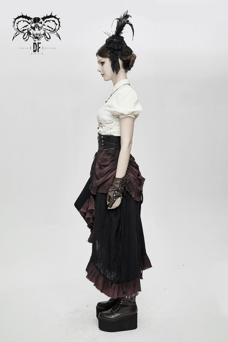 Side view of a model wearing a vintage punk multi-layered skirt gown with high waist and edgy accessories.
