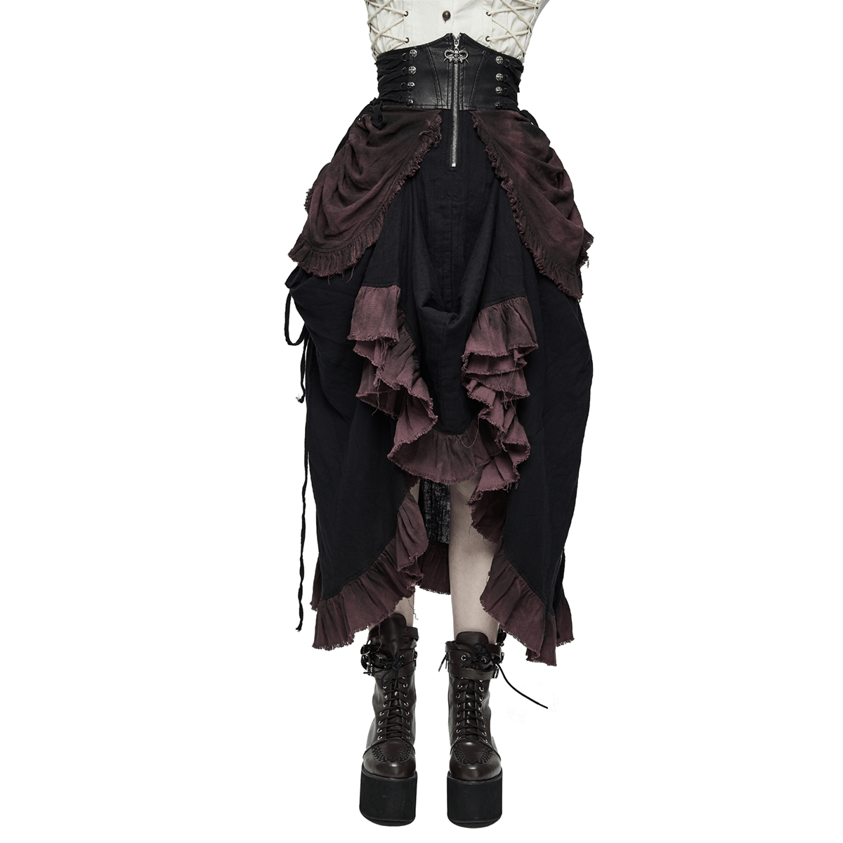 Vintage women's punk multi-layered ruched skirt gown with high waist, featuring elegant ruffles for a bold style.
