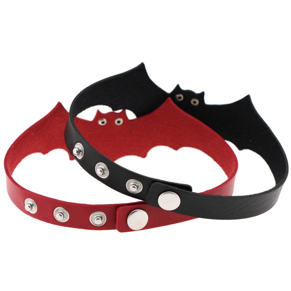 Vintage bat-shaped choker necklaces in red and black, perfect handmade accessories for Halloween celebration.