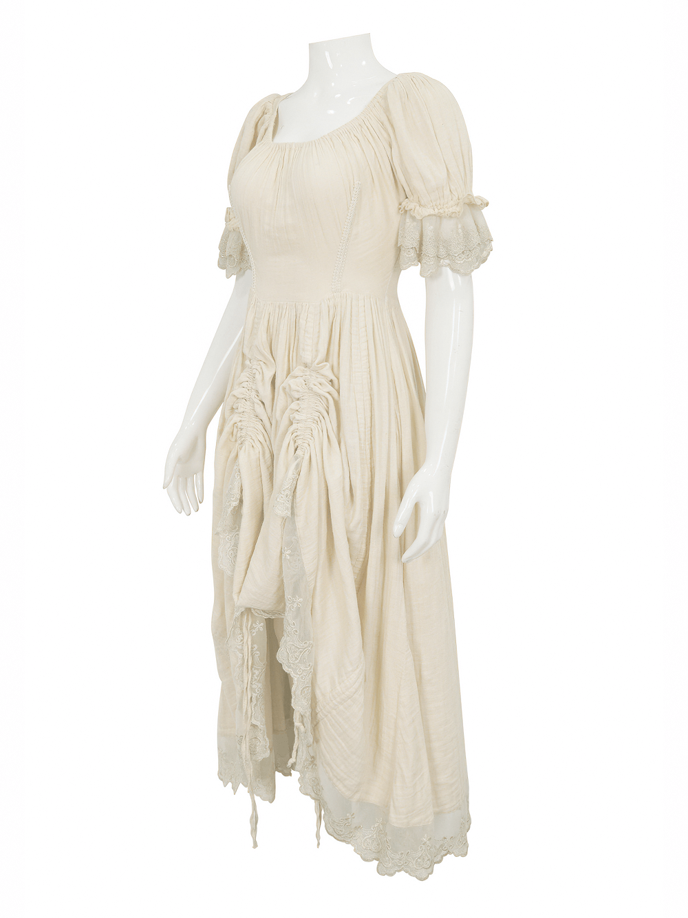Vintage Women's Short Puff Sleeve Long Dress / Romatic Lace Cotton Dress of Beige Colored Vintage Women's Short Puff Sleeve Long Dress / Romatic Lace Cotton Dress of Beige Colored