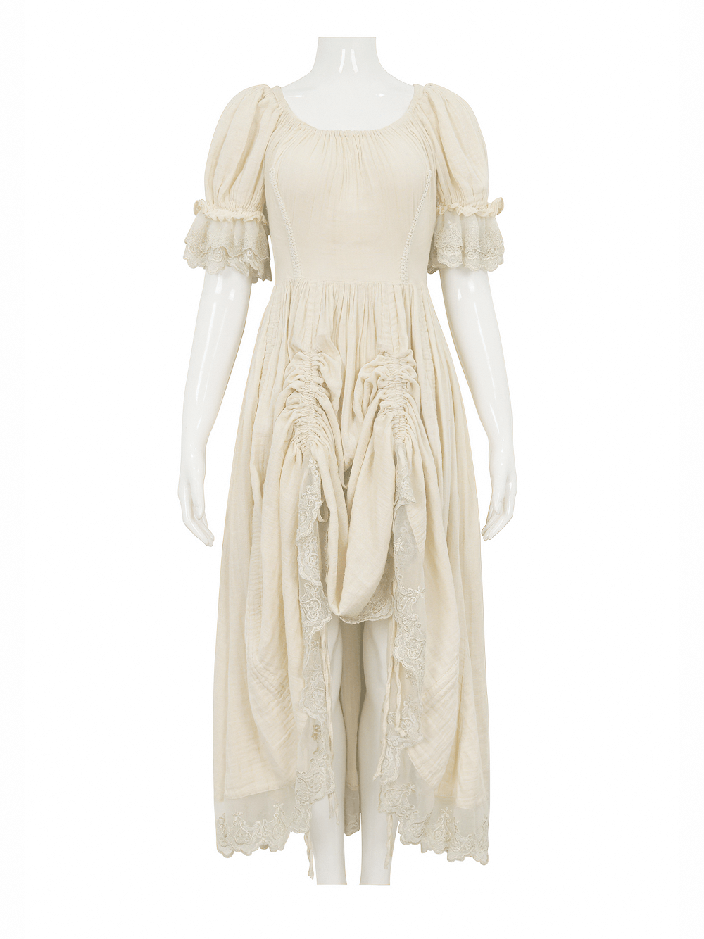 Vintage Women's Short Puff Sleeve Long Dress / Romatic Lace Cotton Dress of Beige Colored Vintage Women's Short Puff Sleeve Long Dress / Romatic Lace Cotton Dress of Beige Colored