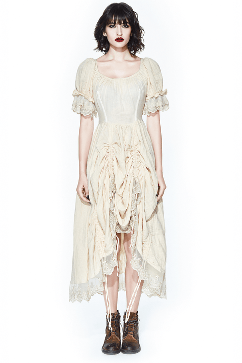 Vintage Women's Short Puff Sleeve Long Dress / Romatic Lace Cotton Dress of Beige Colored