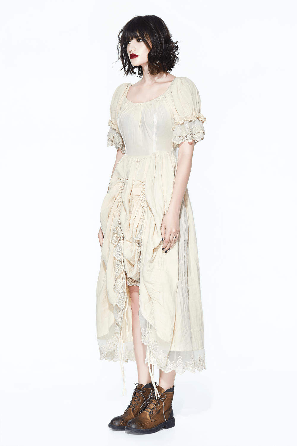 Vintage Women's Short Puff Sleeve Long Dress / Romatic Lace Cotton Dress of Beige Colored Vintage Women's Short Puff Sleeve Long Dress / Romatic Lace Cotton Dress of Beige Colored