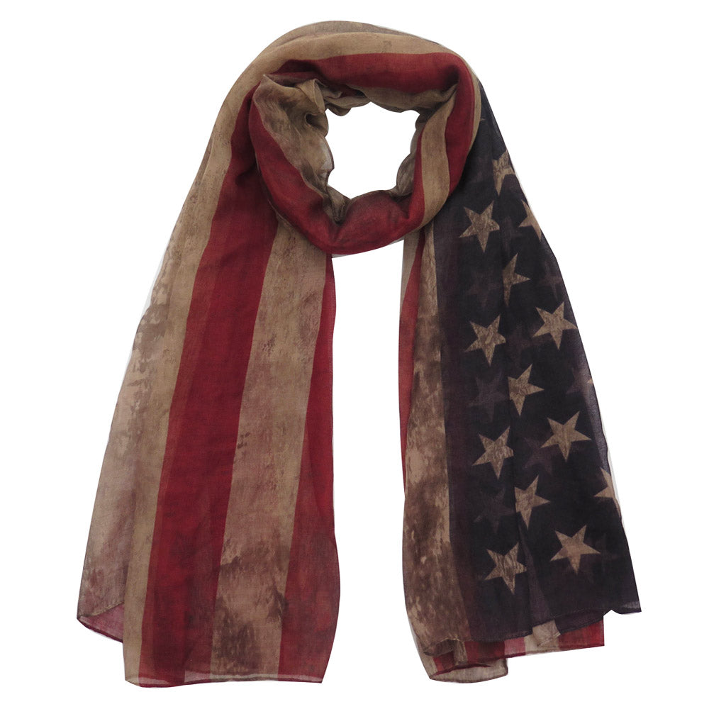 Vintage women's lightweight wrap scarf with USA flag print, perfect for casual outfits and themed parties.