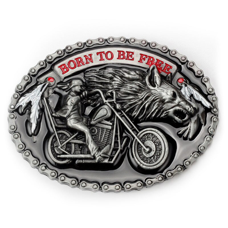 Vintage zinc alloy belt buckle featuring a biker and wolf with 'Born To Be Free' text, perfect for rockstar style.