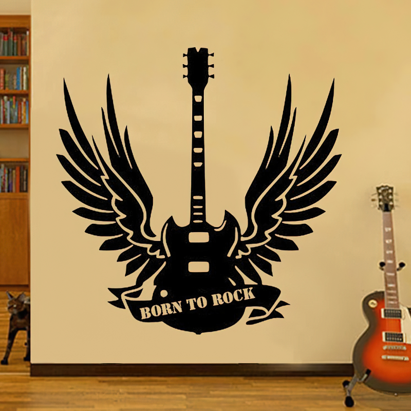 Vinyl Wall Sticker in form Wings and Guitar Born To Rock / Washable Wall Decals in Music style - HARD'N'HEAVY