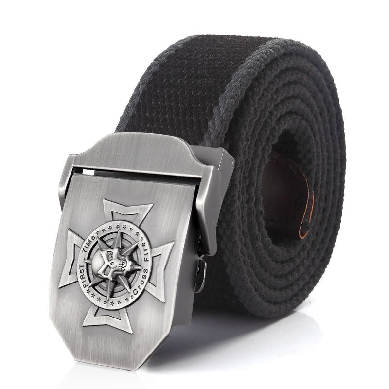 Stylish military tactical belt with a cross-design metal buckle, perfect for casual outfits and unisex wear.