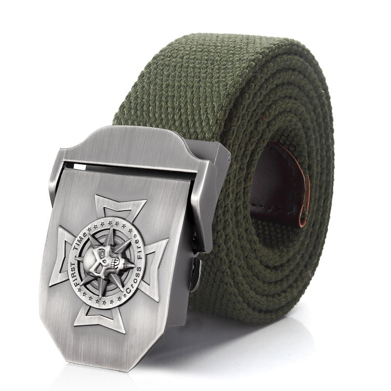 Green tactical belt with a metal buckle featuring a star design, perfect for casual or military-style outfits.