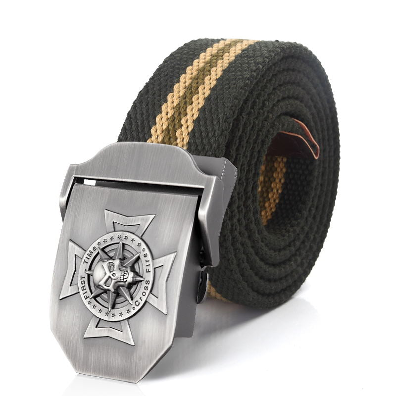 Waistband skull cross metal belt buckle in green and tan, perfect for military tactical styles and casual rock accessories.