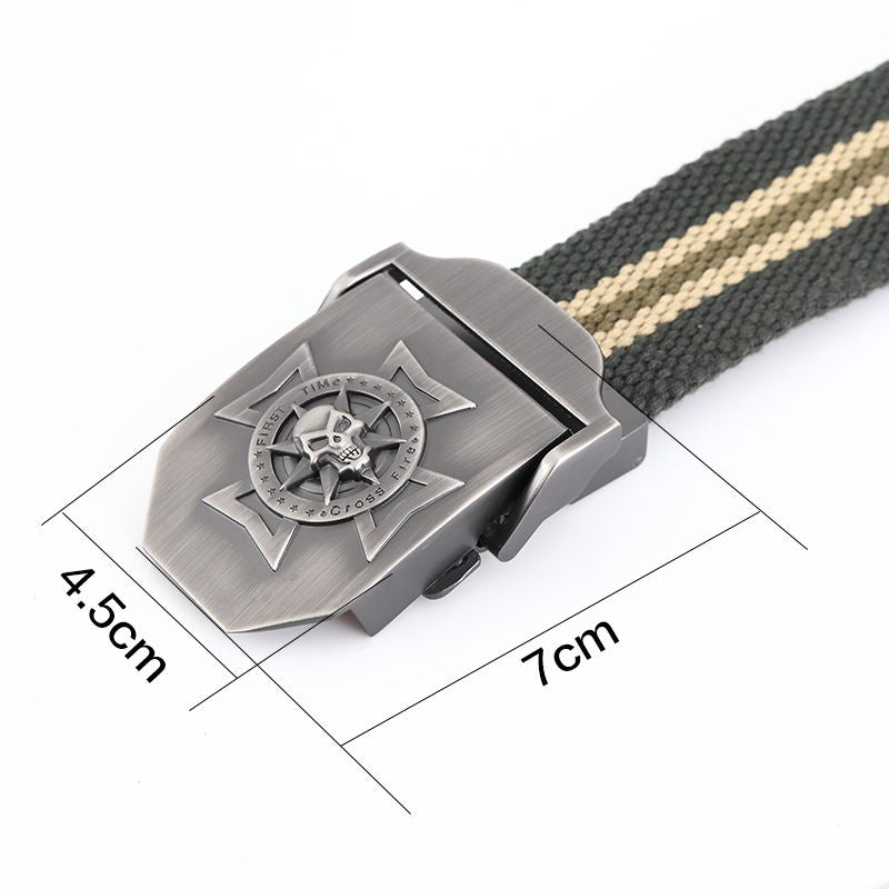 Waistband skull cross metal belt buckle with measurements, styled for military tactical fashion.