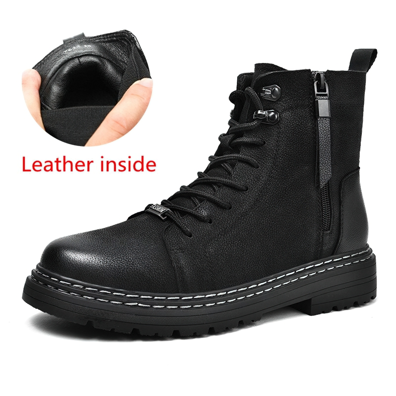 Stylish black men's ankle boots with leather inside, lace-up design, and durable sole for casual wear.