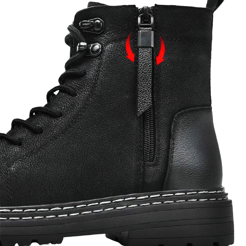 Close-up of men's black leather ankle boots featuring laces and a convenient side zipper for easy wear.
