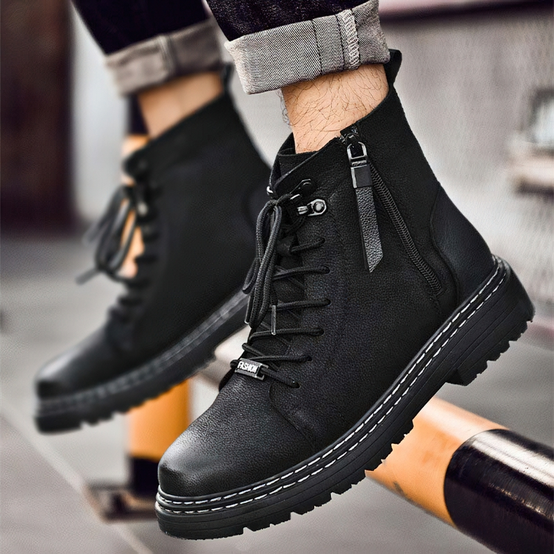 Stylish black leather ankle boots for men with laces and zipper, featuring a wear-resistant sole for casual wear.