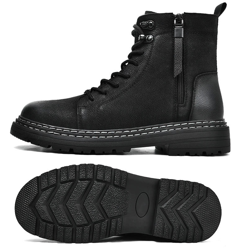 Men's black leather ankle boots with laces and zipper, featuring a wear-resistant flexible sole for comfort and casual style.