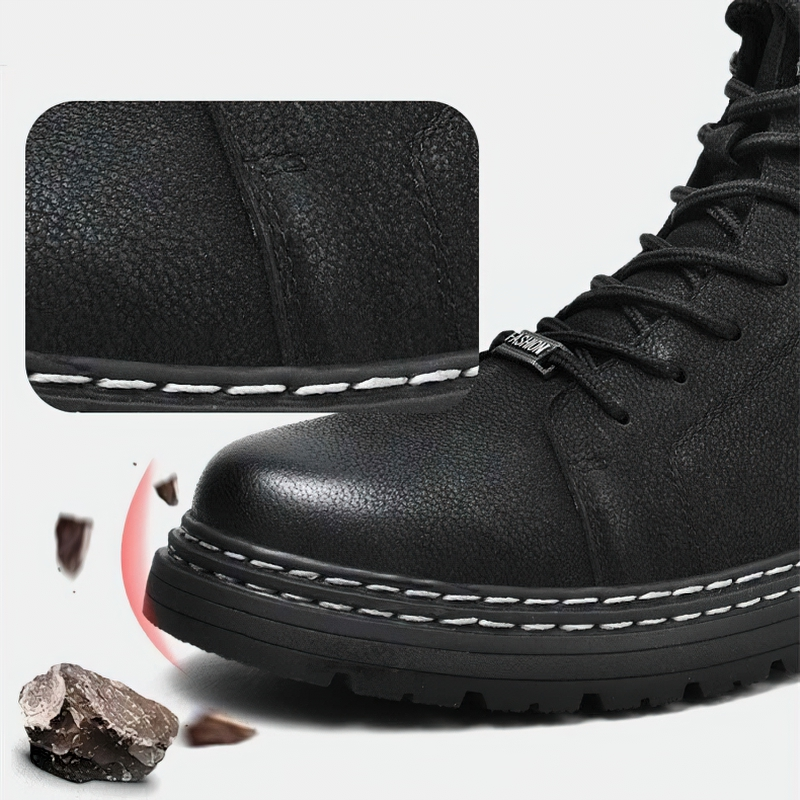 Stylish men's black leather ankle boots with wear-resistant sole, featuring detailed stitching and comfortable fit.