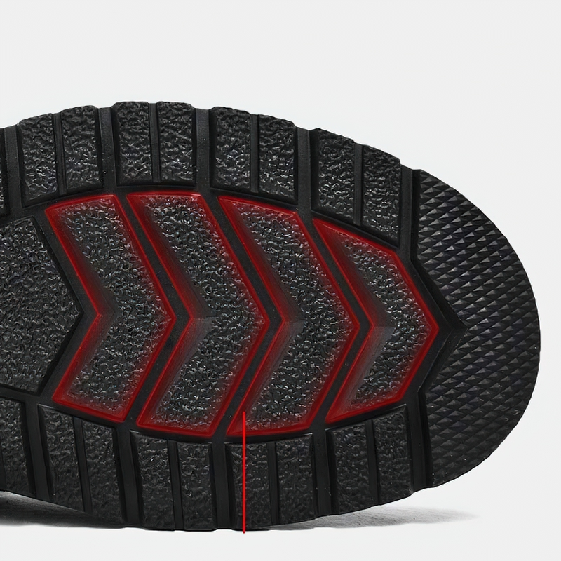 Close-up of wear-resistant sole of ankle boots featuring flexible, textured grip pattern.