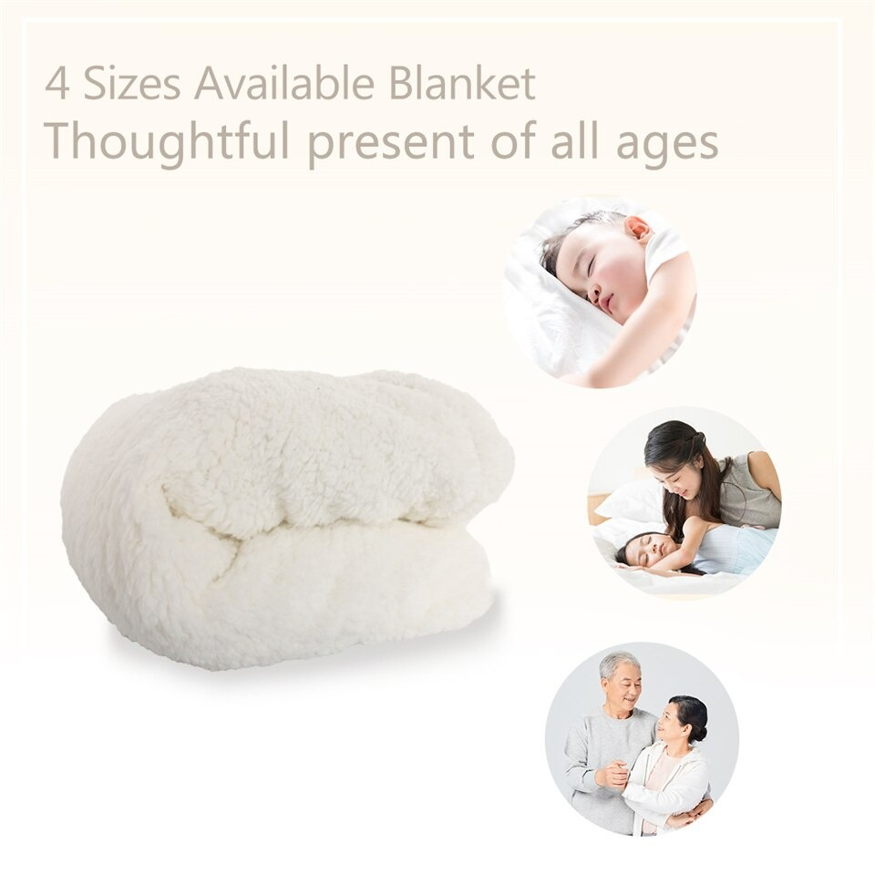 Cozy white blanket showcasing 4 sizes, perfect gift for all ages, highlighting comfort for everyone.