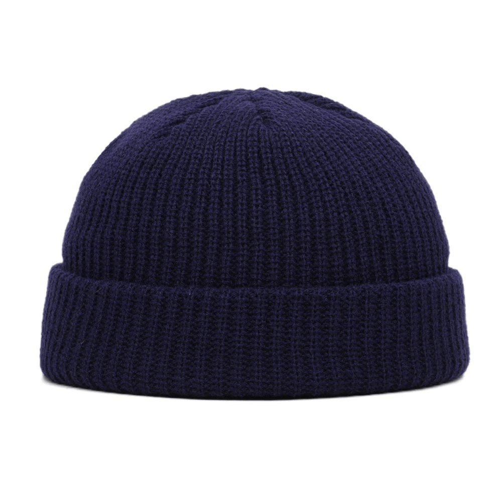 Warm navy blue wool knitted skull beanie, perfect casual accessory for men. Stylish and comfortable fit.