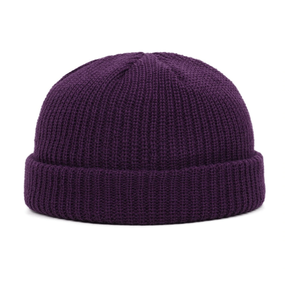 Warm purple wool knitted beanie cap for men, perfect casual accessory for colder days.