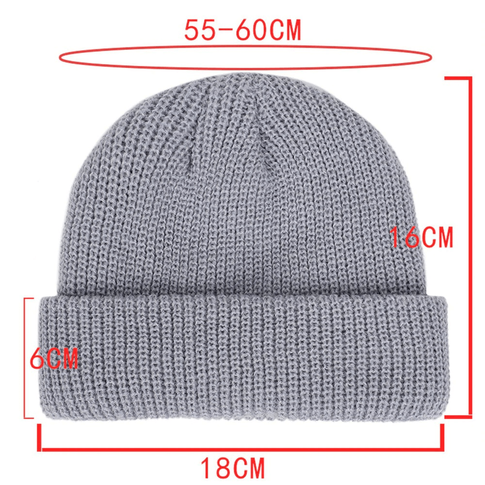 Men's wool knitted skull beanie in gray with size dimensions: 55-60cm circumference, 16cm height, and 18cm width.