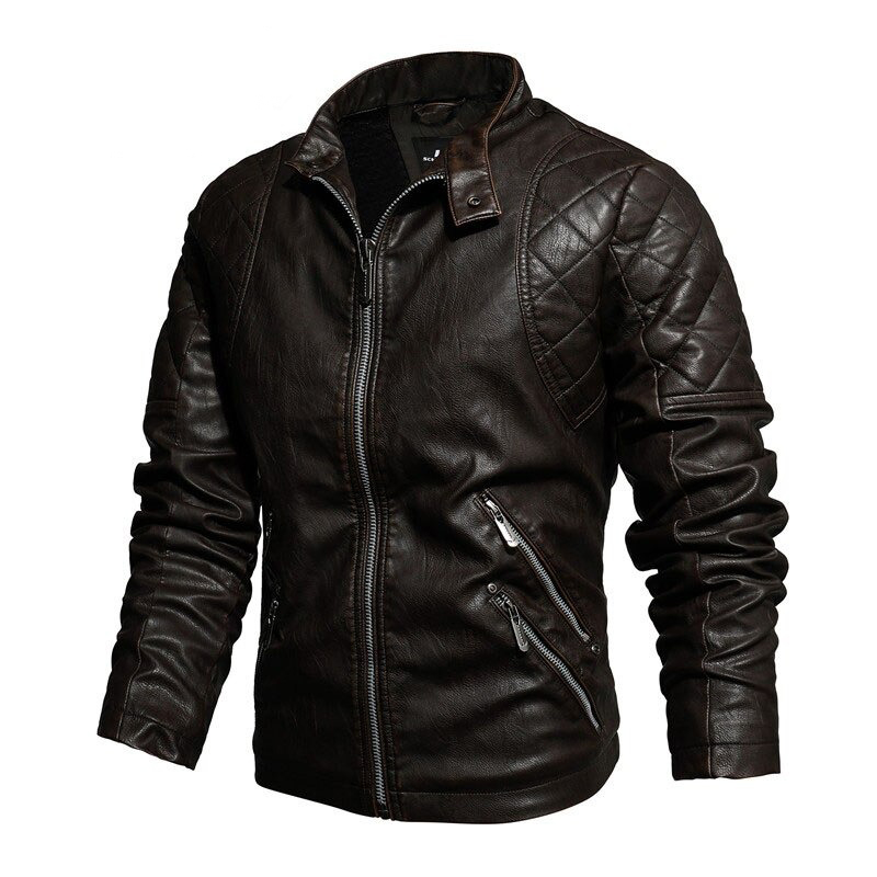 Warm PU Leather Jacket For Men / Motorcycle Jacket With Stand Collar - HARD'N'HEAVY
