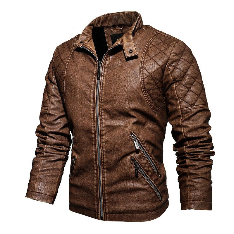 Warm PU Leather Jacket For Men / Motorcycle Jacket With Stand Collar - HARD'N'HEAVY