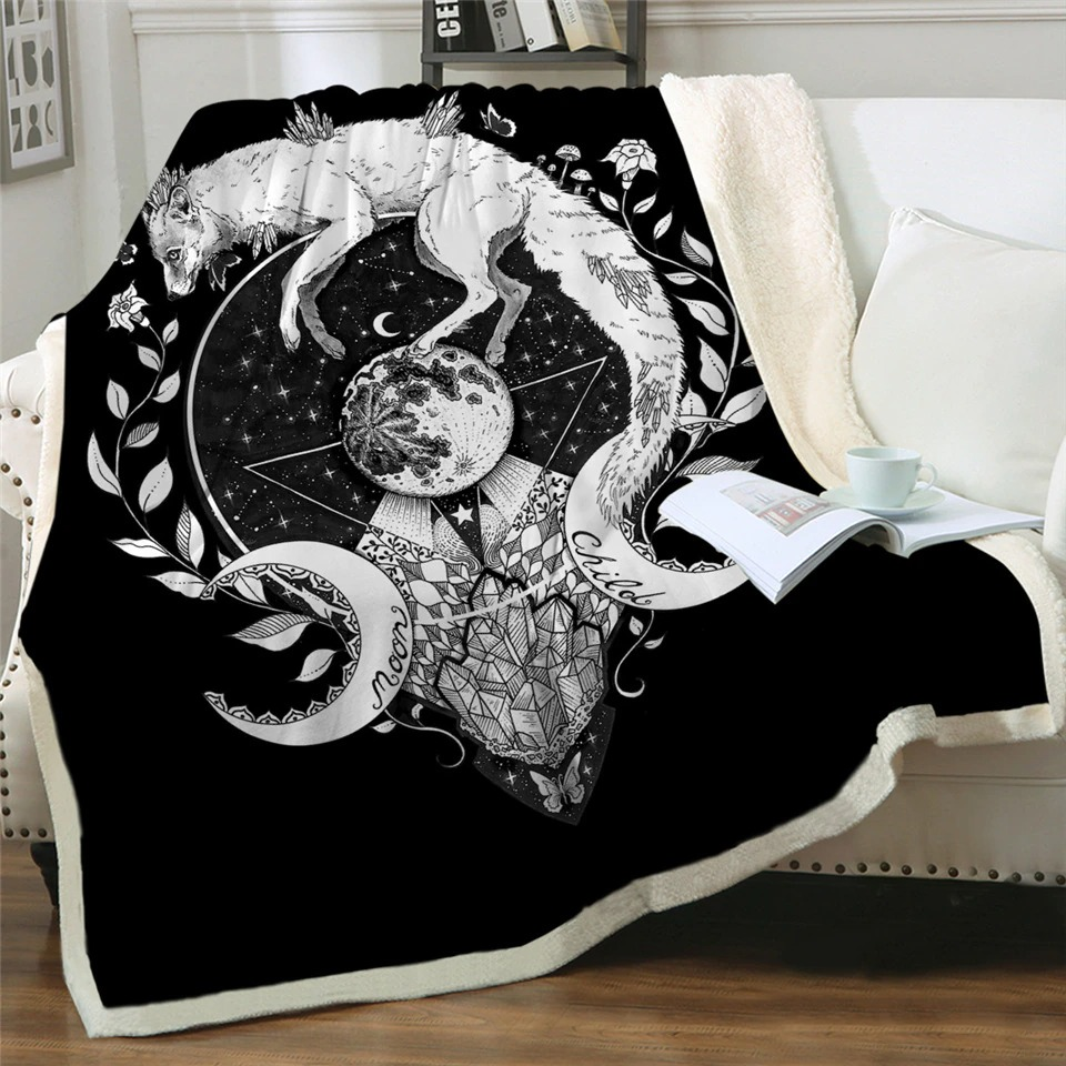 Warm Soft crystal velvet and sherpa fleece Bedspread / Blanket for Sofa with Wolf Galaxy print - HARD'N'HEAVY