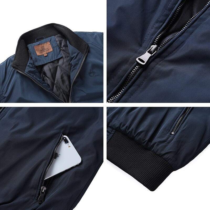 Close-up of water-resistant men's bomber jacket featuring zipper details and mandarin collar.