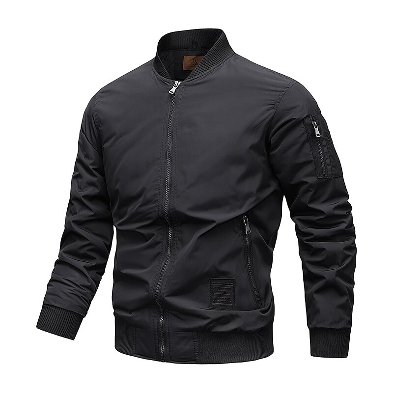 Water-resistant solid color men's bomber jacket with mandarin collar and zipper, perfect for outdoor activities.