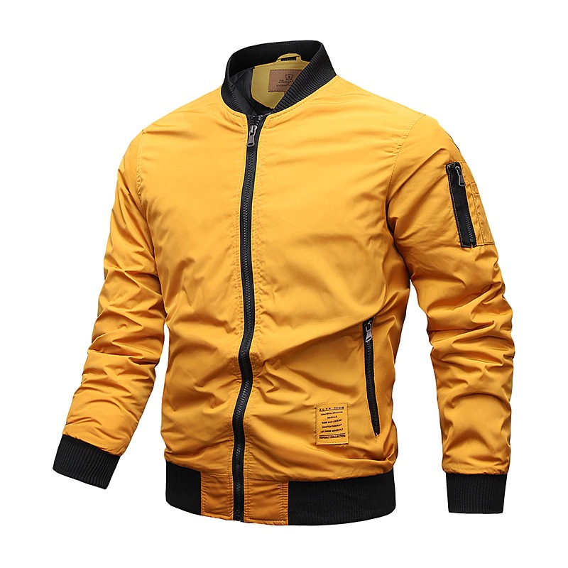 Water-resistant men's bomber jacket in vibrant yellow with zipper and mandarin collar, perfect for casual outings.