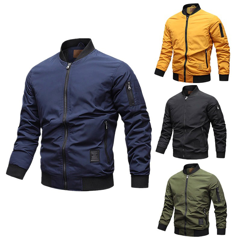 Water-resistant solid color men's bomber jackets with mandarin collar, perfect for outdoor casual wear.