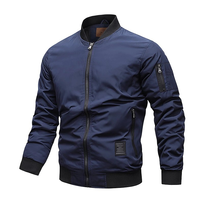 Water-resistant solid color men's bomber jacket in navy, featuring a zipper and mandarin collar for casual style.