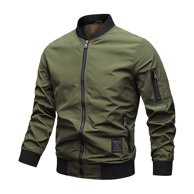 Water-resistant solid color men's bomber jacket in olive green with zipper and mandarin collar.