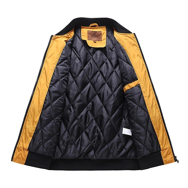 Inside view of a stylish water-resistant men's bomber jacket with a vibrant yellow lining.