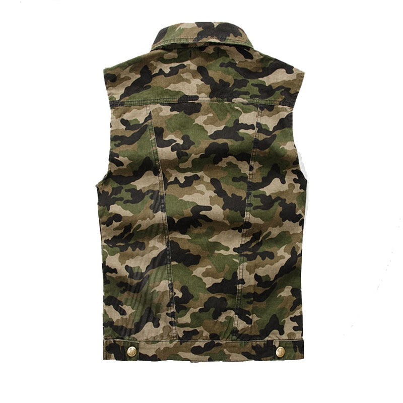 Water Washed Single-Breasted Camouflage Vest / Male Slim Sleeveless Top with Badge - HARD'N'HEAVY