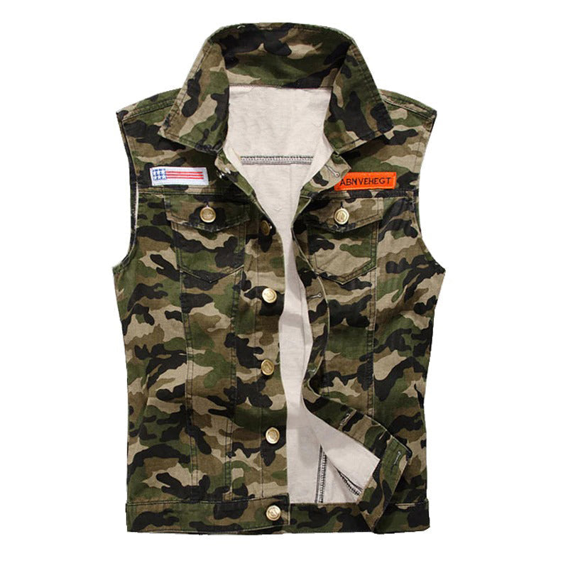 Water Washed Single-Breasted Camouflage Vest / Male Slim Sleeveless Top with Badge - HARD'N'HEAVY