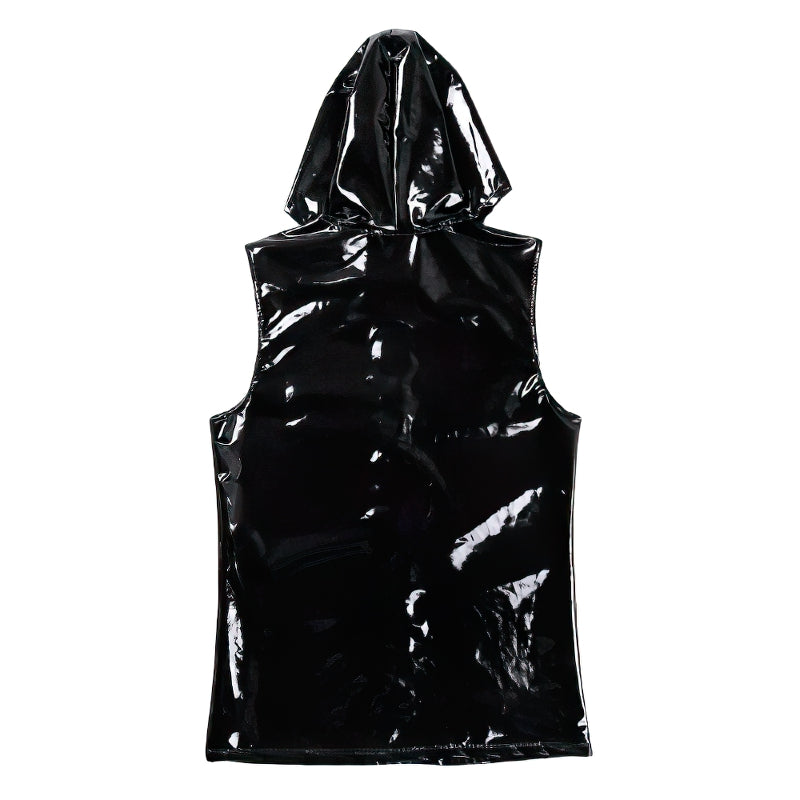 Wet Look Black Tank Tops / Patent Leather Hoodie Clubwear / Hip Hop Closure Costumes - HARD'N'HEAVY