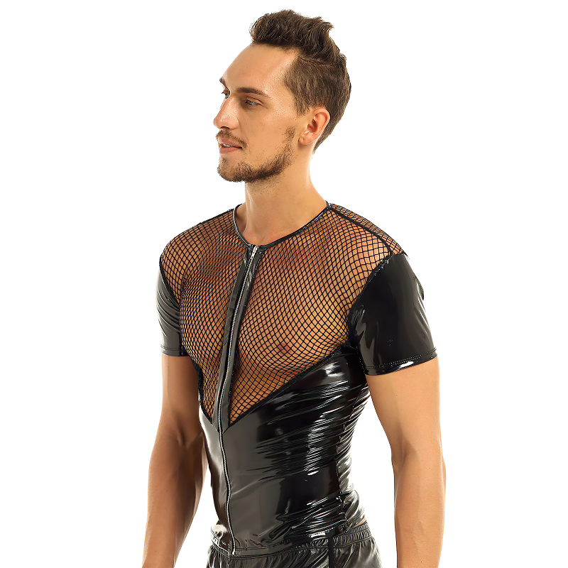Wetlook men's clubwear costume with mesh short sleeves and zipper, perfect for night parties.